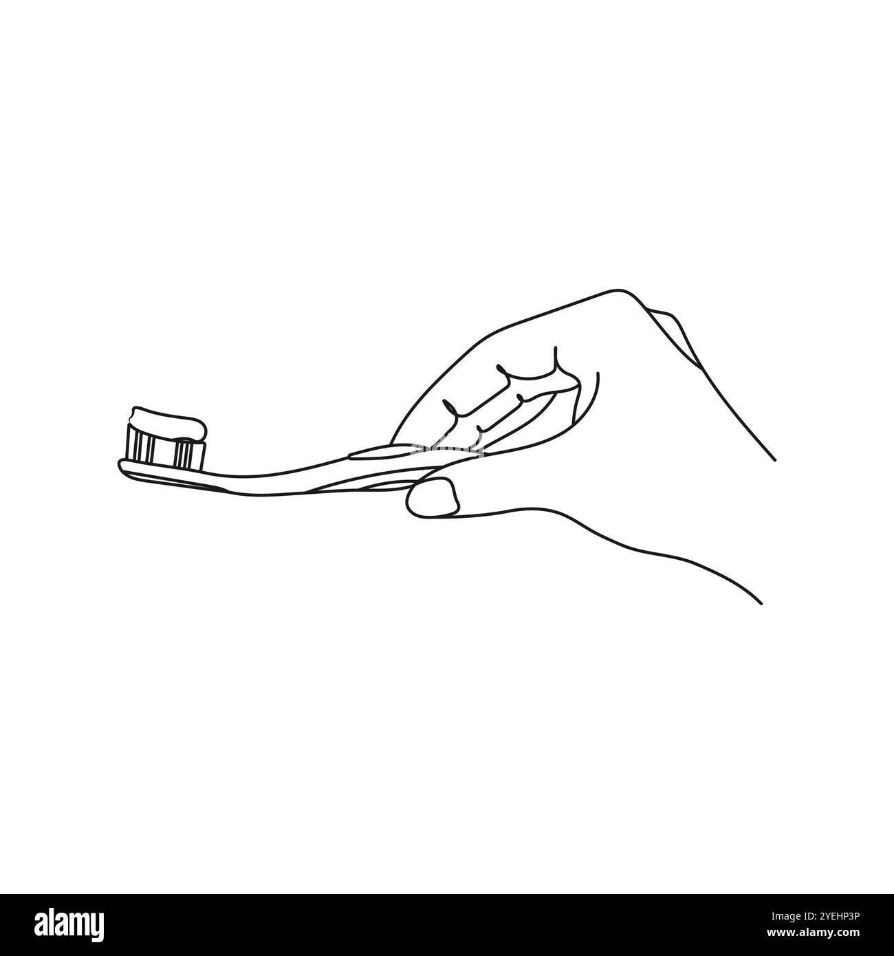 Mano che regge uno spazzolino da denti con dentifricio. Pulizia della cavità orale. Illustrazione del vettore lineare disegnato a mano. Illustrazione Vettoriale