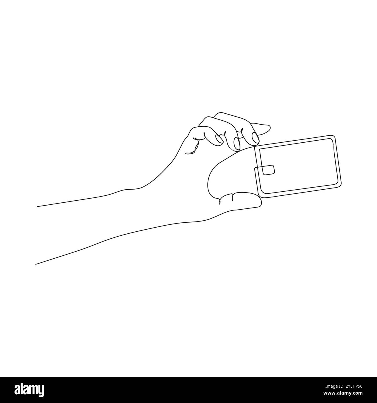 Mano con una carta da lavoro o di credito. Arte su una linea. Mano che dà una carta di credito per pagare lo shopping. Illustrazione vettoriale disegnata a mano. Illustrazione Vettoriale