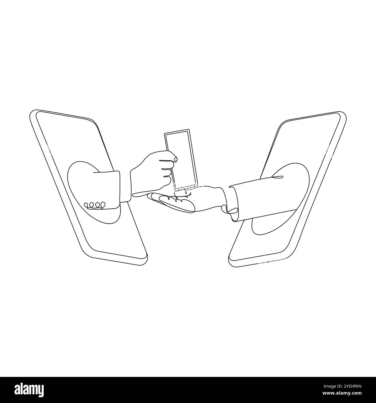 Mano che dà soldi all'altra mano. Arte su una linea. Concetto di pagamento online. Illustrazione vettoriale disegnata a mano. Illustrazione Vettoriale
