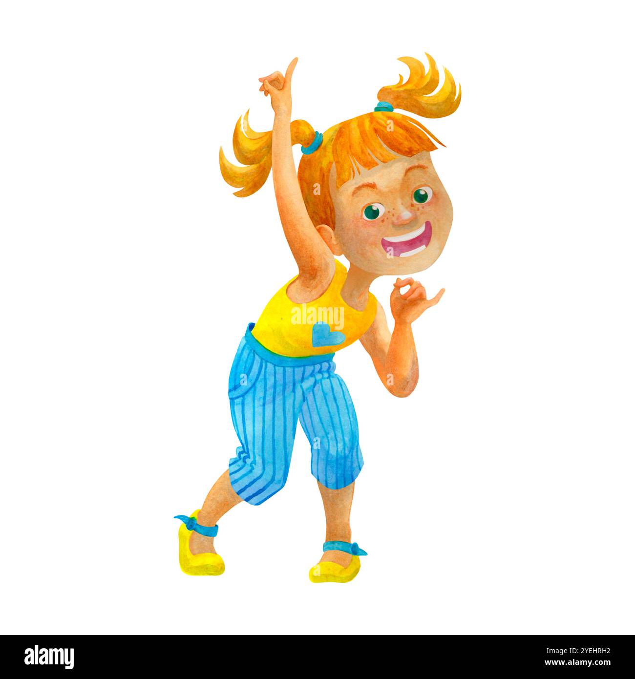 Ragazza lentigginata in età scolastica che balla, festeggiando le vacanze. Concetto di festa. Carattere acquerello isolato per la progettazione di cartoline, poster, stampa di t-shirt Foto Stock
