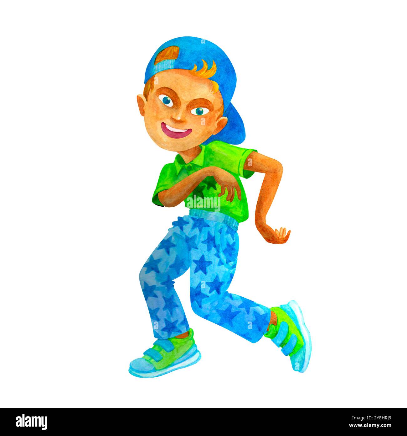 Comico preadolescente che balla, festeggia le vacanze. Concetto di festa. Carattere acquerello isolato per la progettazione di cartoline, poster, stampa di t-shirt Foto Stock