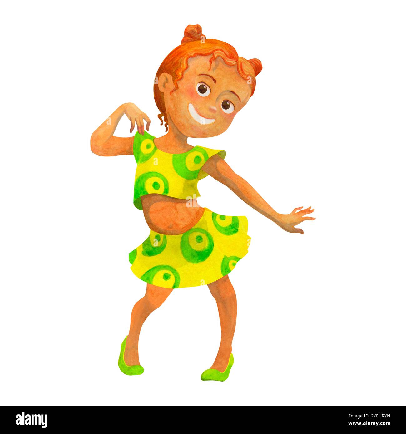 Ragazza europea in età scolastica che balla, festeggia le vacanze. Concetto di festa. Carattere acquerello isolato per la progettazione di cartoline, poster, stampa di t-shirt Foto Stock