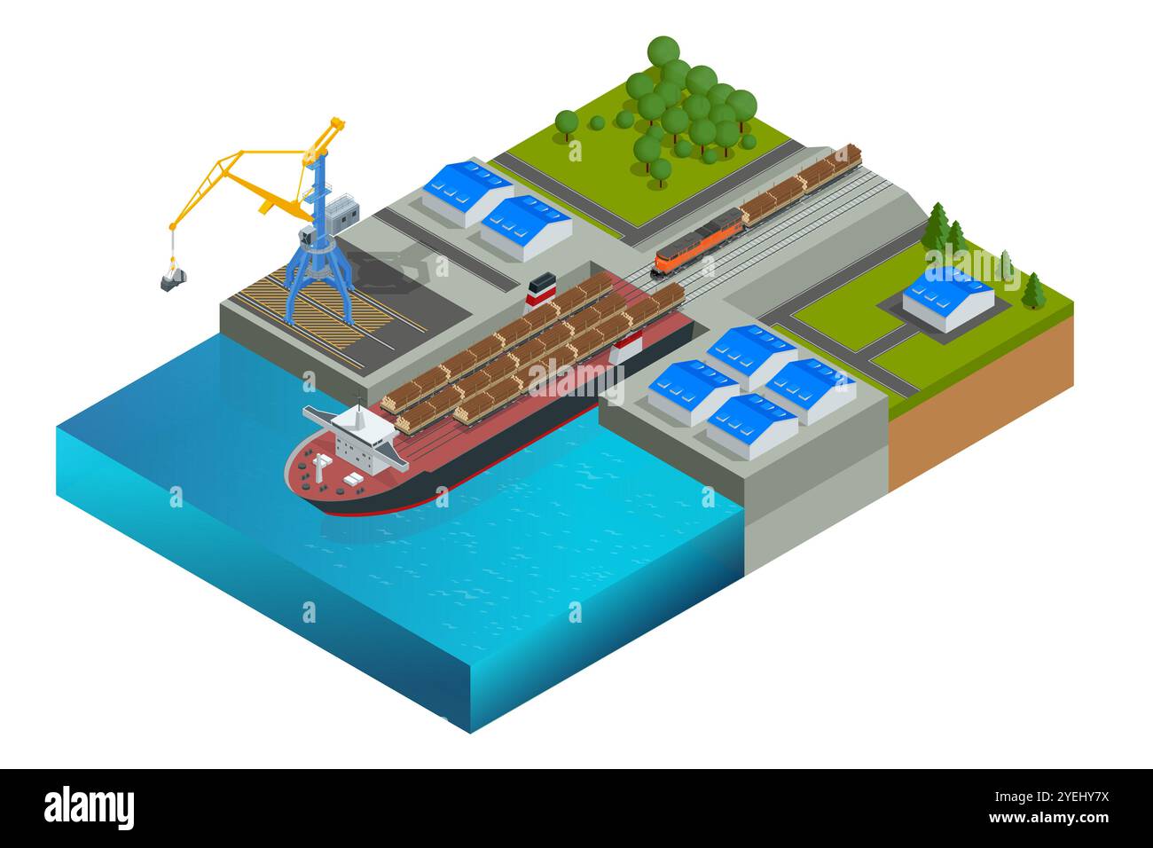 La nave da carico isometrica viene caricata con i registri nel porto. Esportazione o importazione di legname, carico su navi da carico in porto commerciale. Industria dei trasporti. Illustrazione Vettoriale