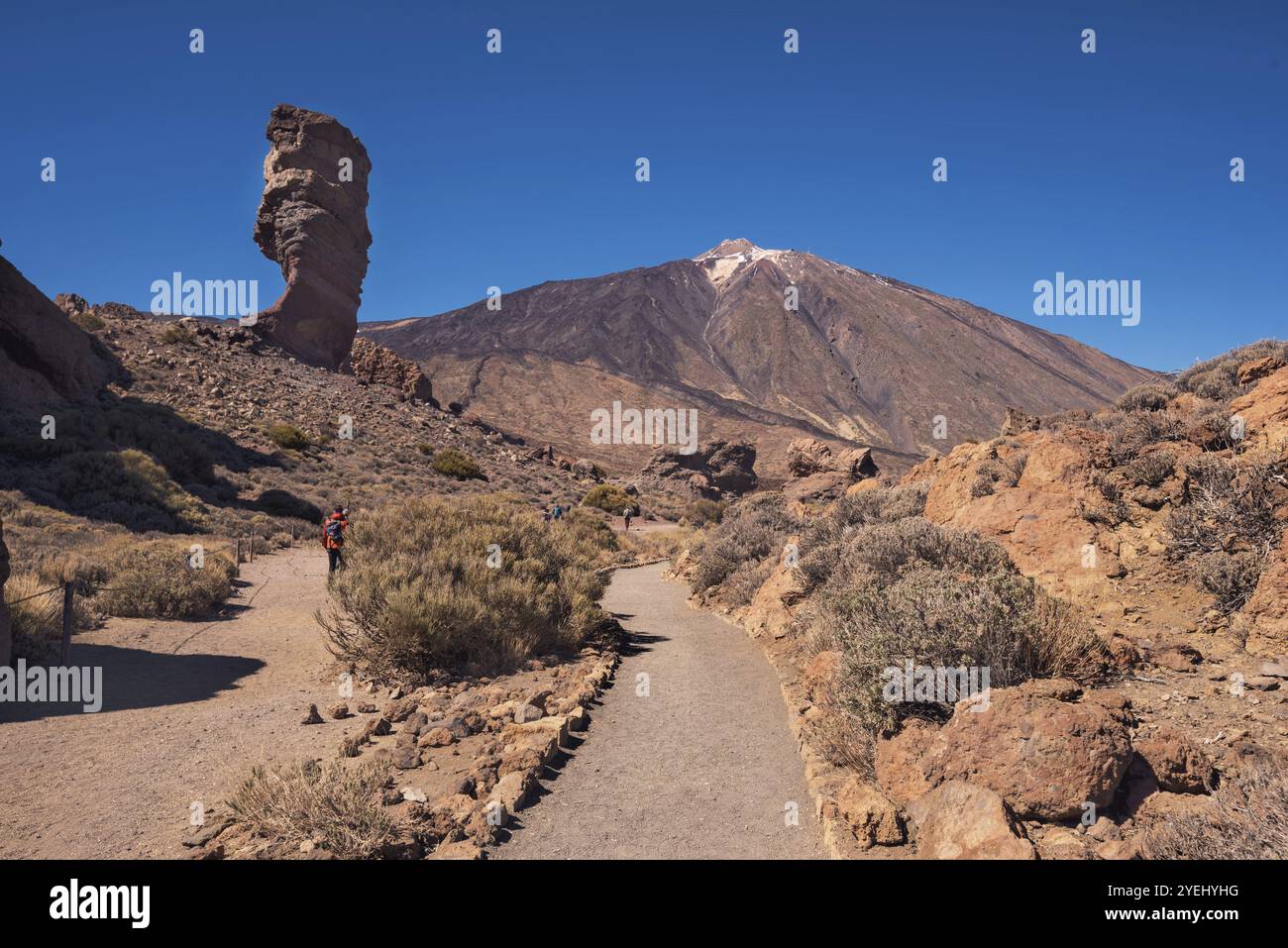 Turista non identificabile che cammina nel parco nazionale del Teide in una giornata di sole Tenerife, Isole Canarie, Spagna, Europa Foto Stock