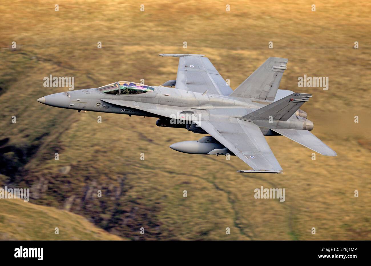 McDonnell Douglas F/A-18C Hornet dell'aeronautica militare finlandese che vola a basso livello nel Lake District durante l'esercitazione Cobra Warrior 24-2 Foto Stock