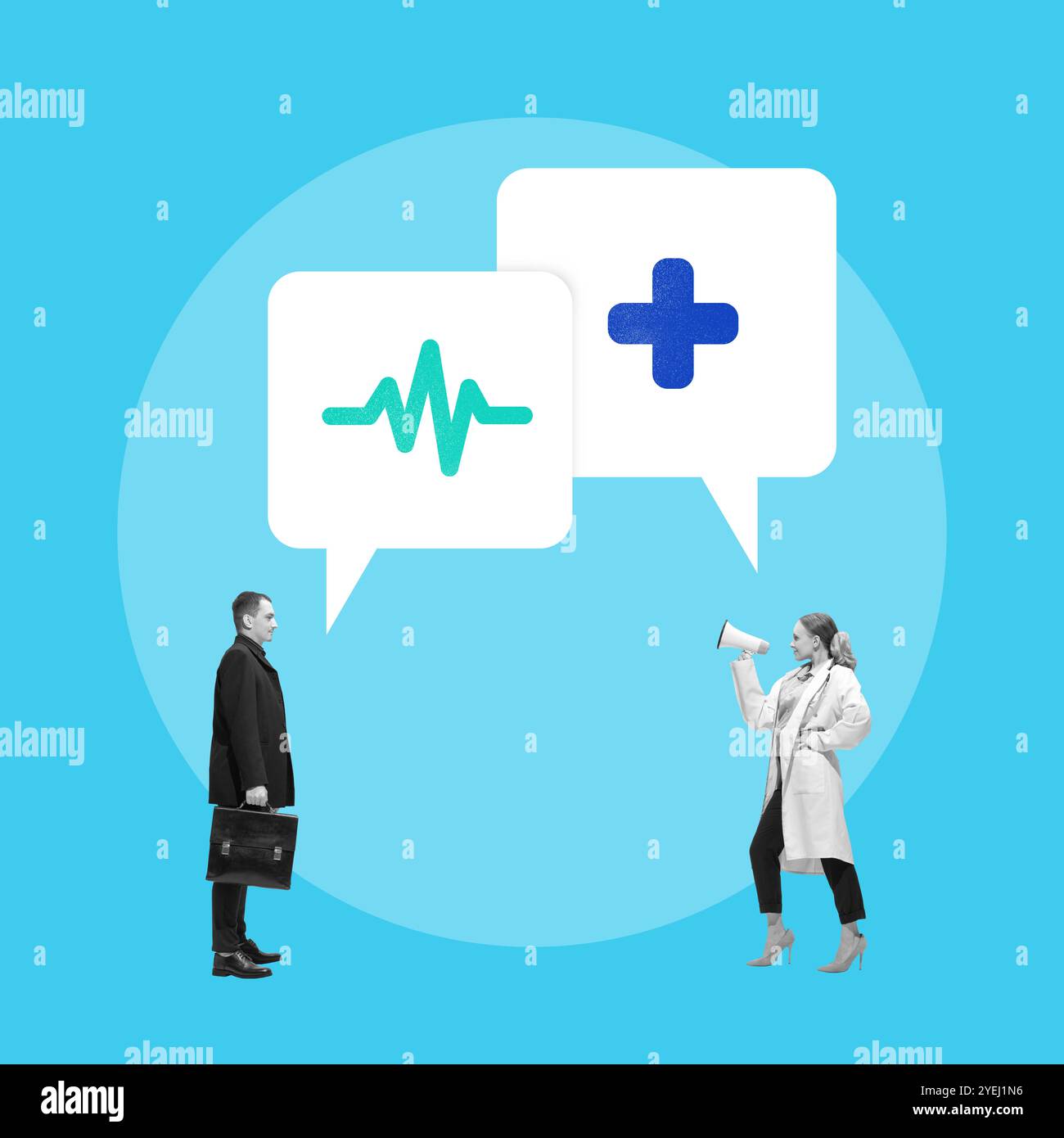 Collage d'arte contemporanea. Medico e paziente si impegnano in un dialogo significativo, illustrando l'importanza della comunicazione nell'assistenza sanitaria. Foto Stock