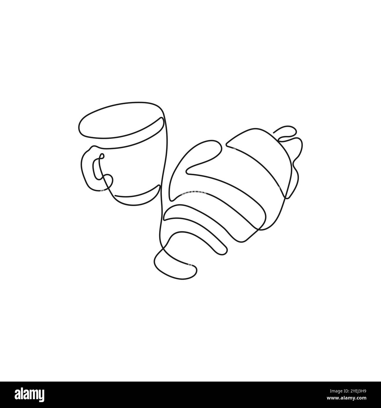 Croissant e tazza di caffè in un'unica linea. Colazione a tema con pasticceria e caffè per caffetteria, negozio e negozio. Illustrazione vettoriale disegnata a mano. Illustrazione Vettoriale