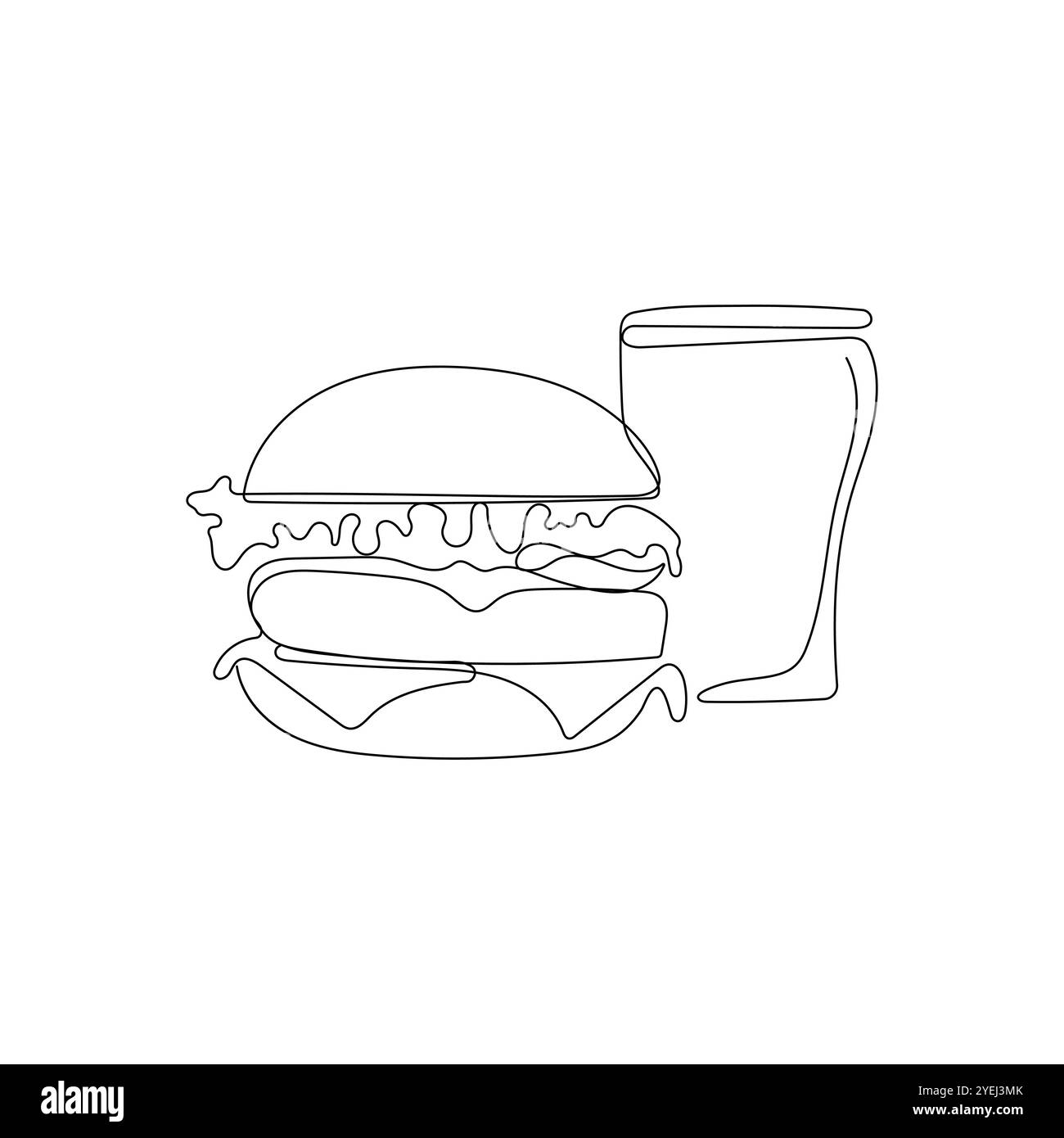 Un disegno a riga di hamburger e bibita analcolica o cola. Cheeseburger fast food. Concetto di Street food. Illustrazione vettoriale disegnata a mano. Illustrazione Vettoriale