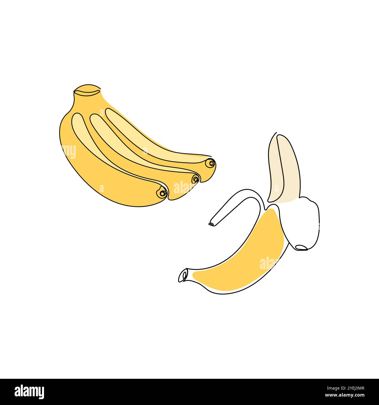 Una banana gialla, un mucchio di banane. Frutta tropicale disegnata a mano. Illustrazione vettoriale del disegno a linea continua Illustrazione Vettoriale
