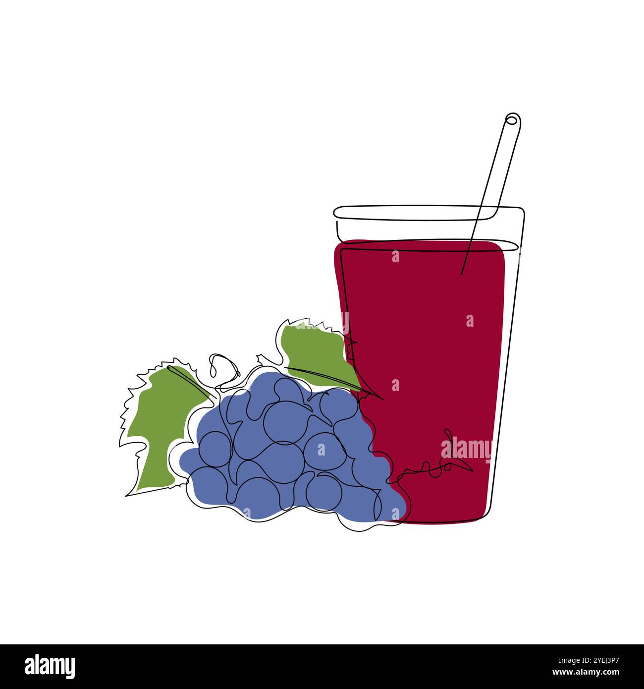 Bicchiere di succo d'uva fresco. Un grone di uva blu scuro maturo. Illustrazione vettoriale disegnata a mano di frutta e succo in stile minimalista a una linea. Illustrazione Vettoriale