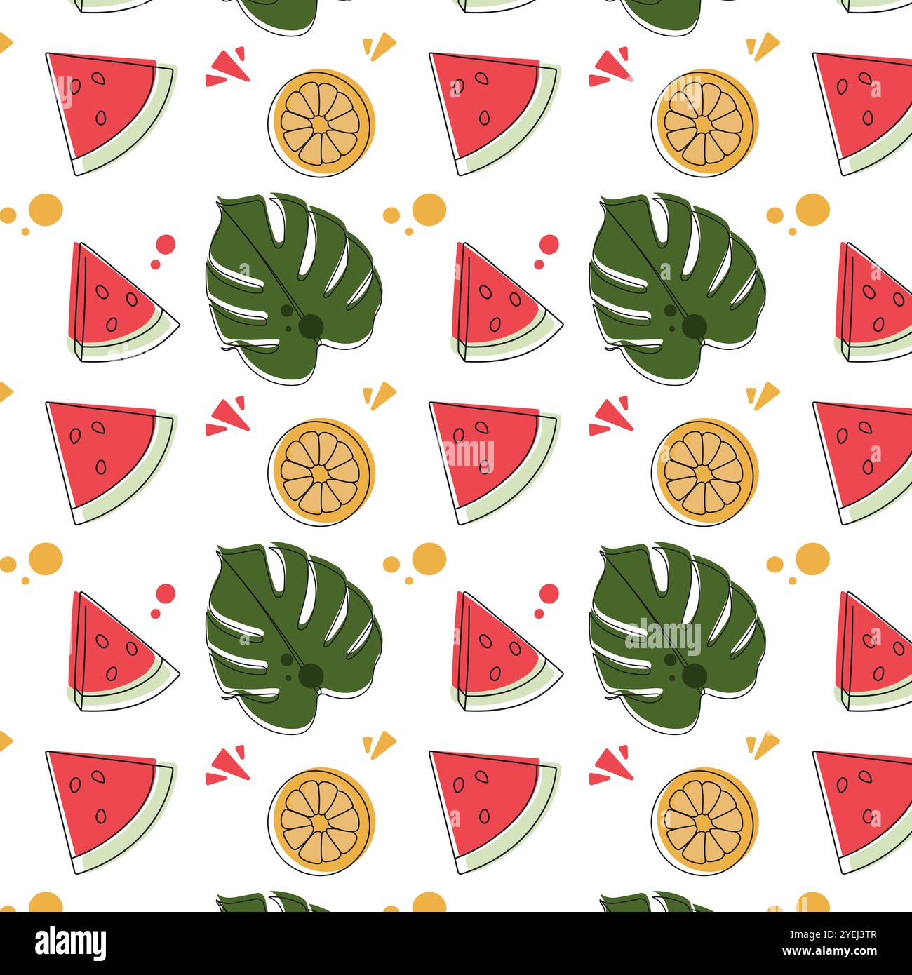Colorato motivo estivo senza cuciture con frutta tropicale. Limone, anguria e foglie tropicali su sfondo bianco. Illustrazione vettoriale. Illustrazione Vettoriale