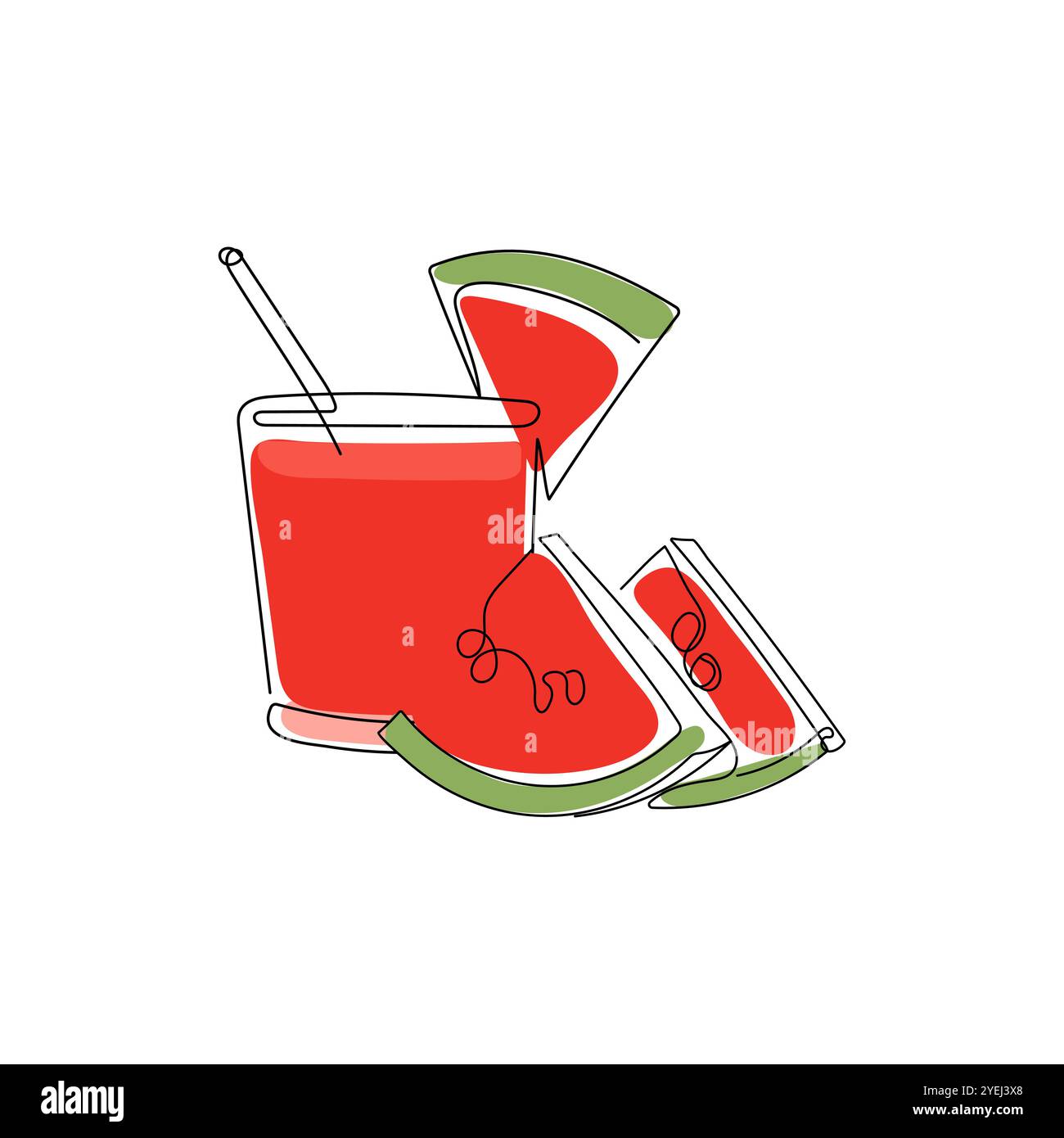 Bicchiere di succo di anguria fresca. Frutti di bosco rossi. Illustrazione vettoriale disegnata a mano di frutta e succo in stile minimalista a una linea. Illustrazione Vettoriale