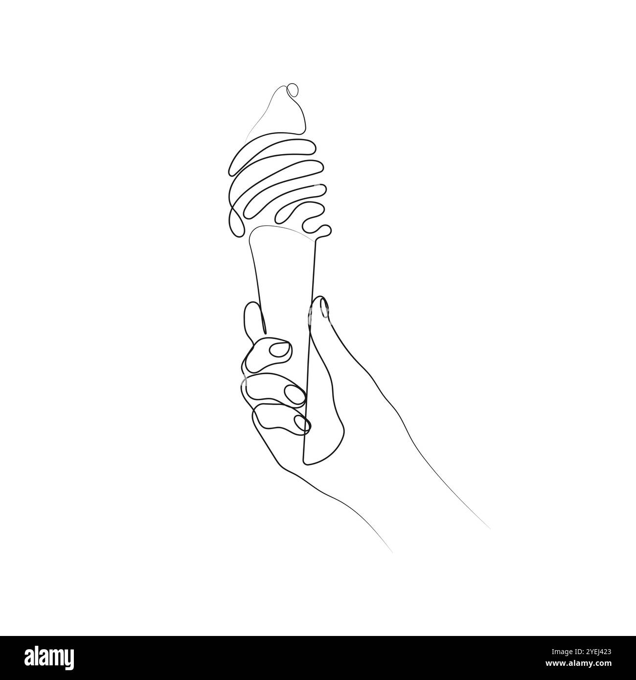 Gelato a mano. Uno stile di disegno con una linea art. Corno gelato. Illustrazione vettoriale disegnata a mano. Illustrazione Vettoriale