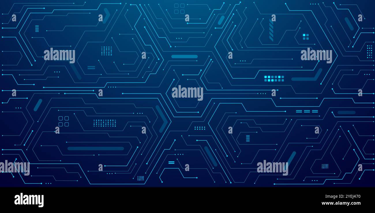 Background tecnologico. Circuito STAMPATO AI con elementi elettronici Illustrazione Vettoriale