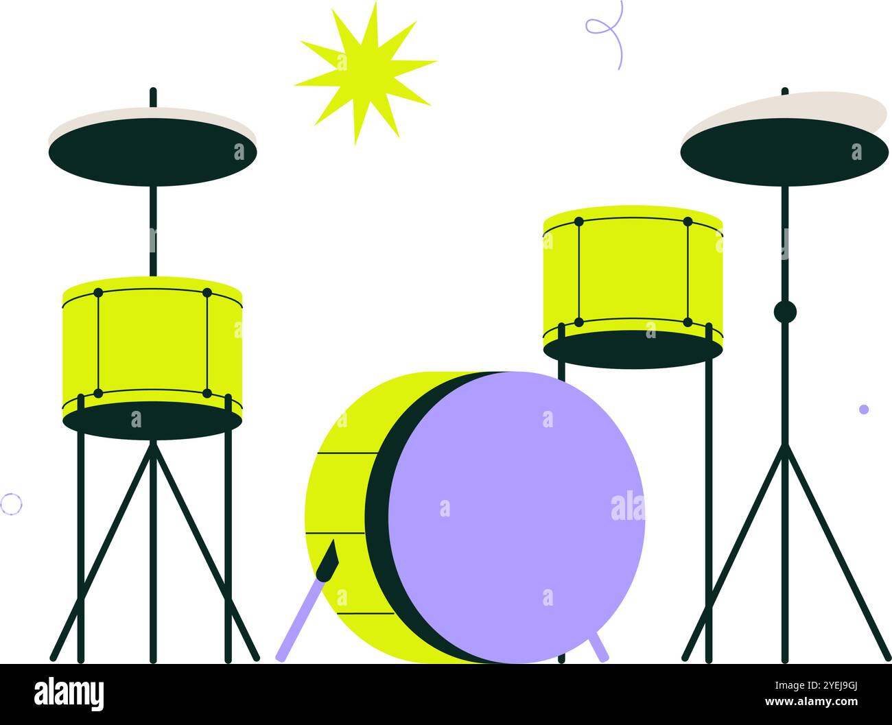 Illustrazione del set di tamburi che simboleggia le prestazioni musicali, il ritmo e gli strumenti a percussione, design vettoriale piatto isolato su sfondo bianco Illustrazione Vettoriale