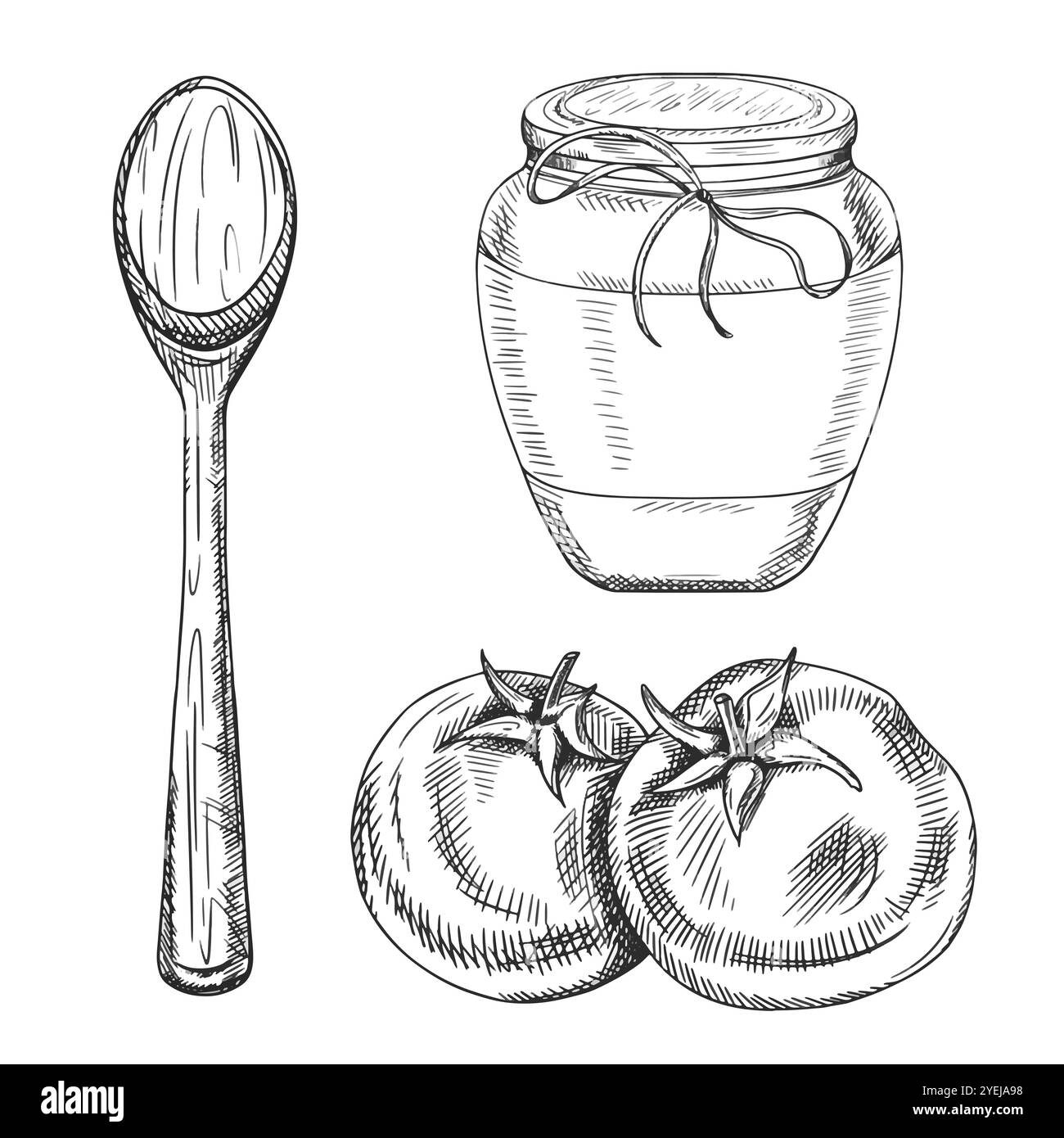 Illustrazione vettoriale di un set di pomodori, un barattolo di salsa e un cucchiaio grande di legno. Utensili da cucina, utensili, piatti. Illustrazione disegnata a mano in linea Illustrazione Vettoriale