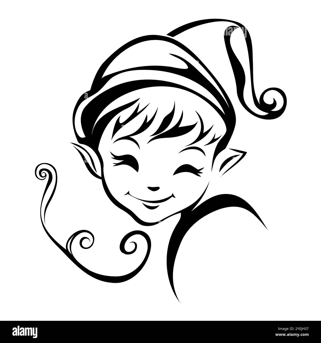Elfo di Natale sorridente con cappello, espressione allegra e ricci decorativi Illustrazione Vettoriale
