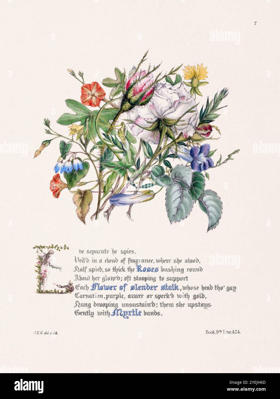 Illustrazione del bouquet floreale. Piatto caratterizzato da intricate composizioni floreali con testo decorativo delle opere di John Milton. Pubblicato nel XIX secolo Foto Stock