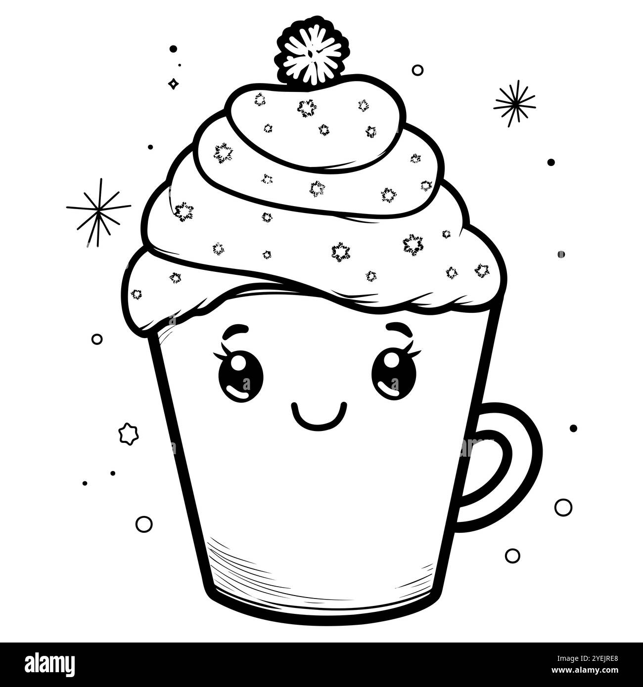 Adorabile tazza per bevande calde con panna montata, pompon e viso sorridente con fiocchi di neve Illustrazione Vettoriale