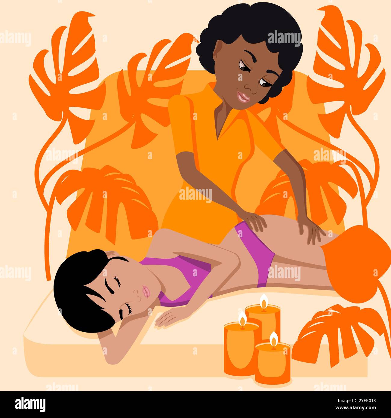 Massaggio linfatico. Terapia e trattamento da parte di terapisti professionisti nella SPA. Illustrazione del vettore piatto isolato. Etnia africana e indiana. Illustrazione Vettoriale