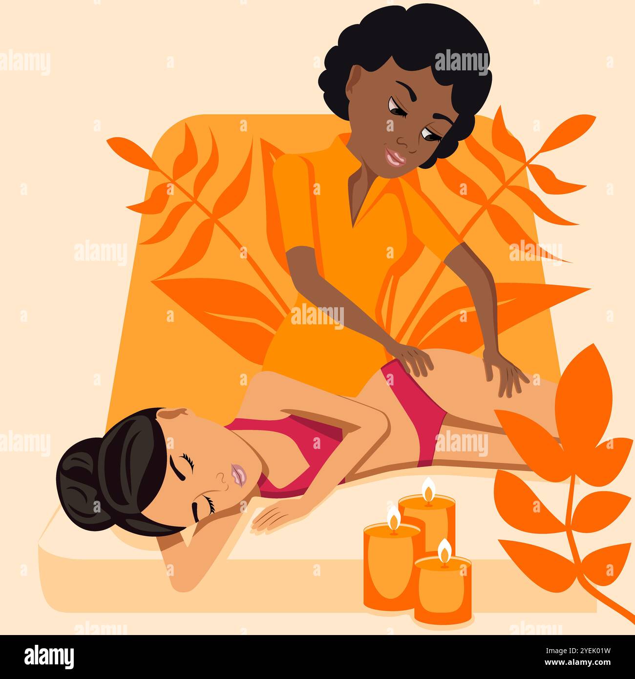 Massaggio linfatico. Terapia e trattamento da parte di terapisti professionisti nella SPA. Illustrazione del vettore piatto isolato. Etnia africana e orientale. Illustrazione Vettoriale