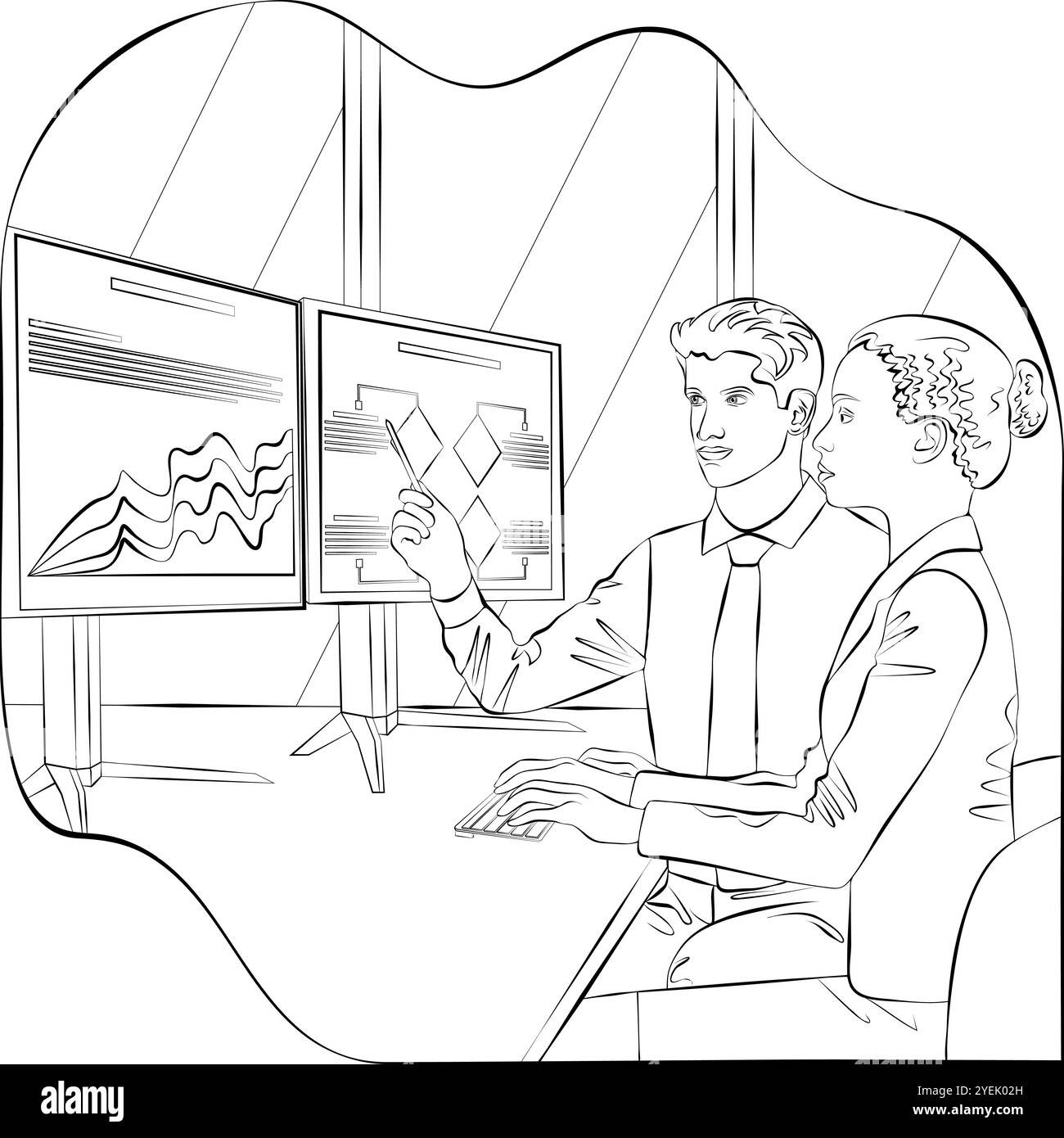 Uomo e donna studiano i rapporti per identificare e comprendere i problemi nel processo decisionale. Concetto di business. Schizzo. Illustrazione vettoriale. Illustrazione Vettoriale