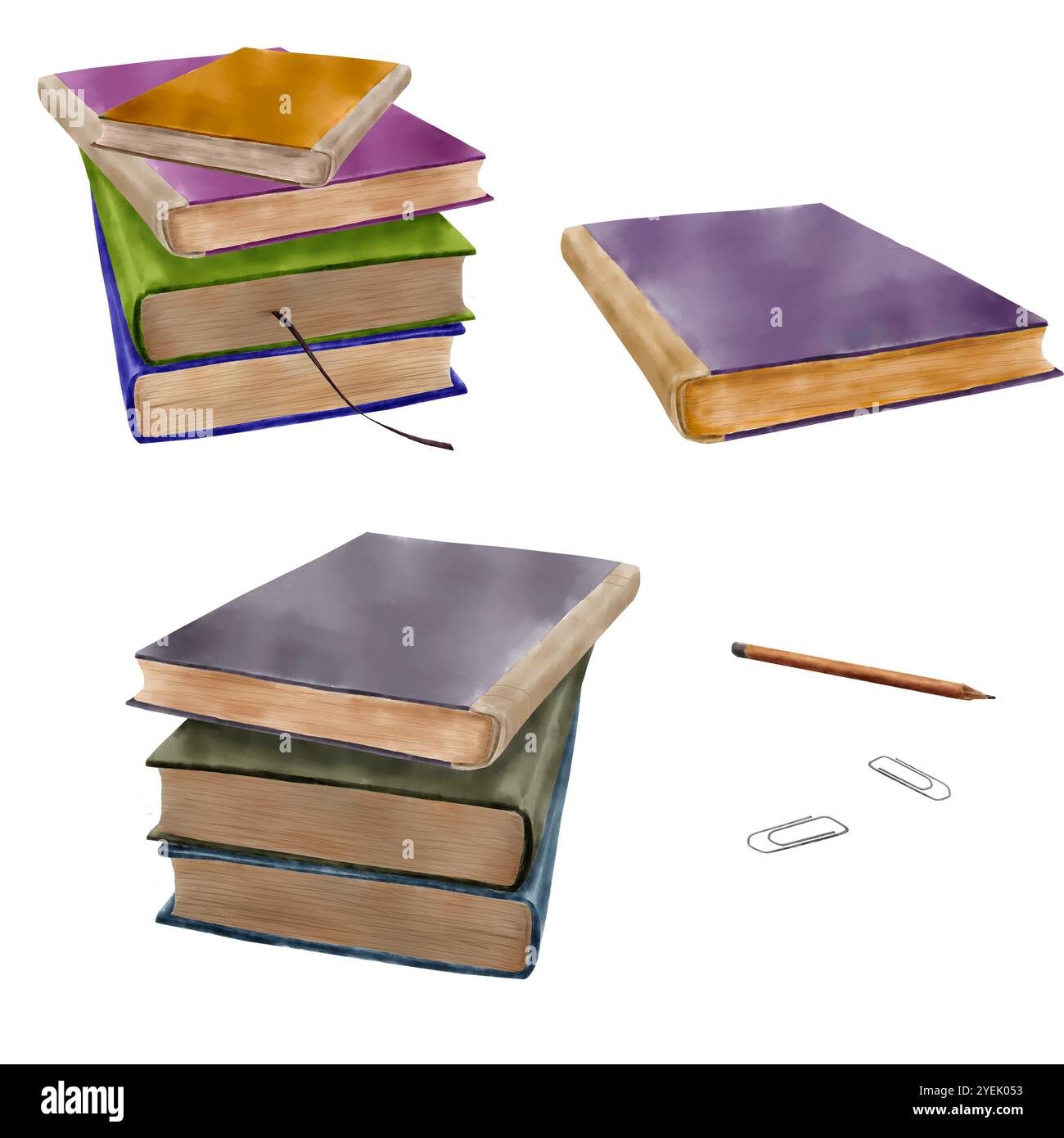 Set di libri acquerelli e pile di libri impilati uno sopra l'altro. Illustrazione acquerello, libri isolati su sfondo bianco. Matita e carta c Foto Stock