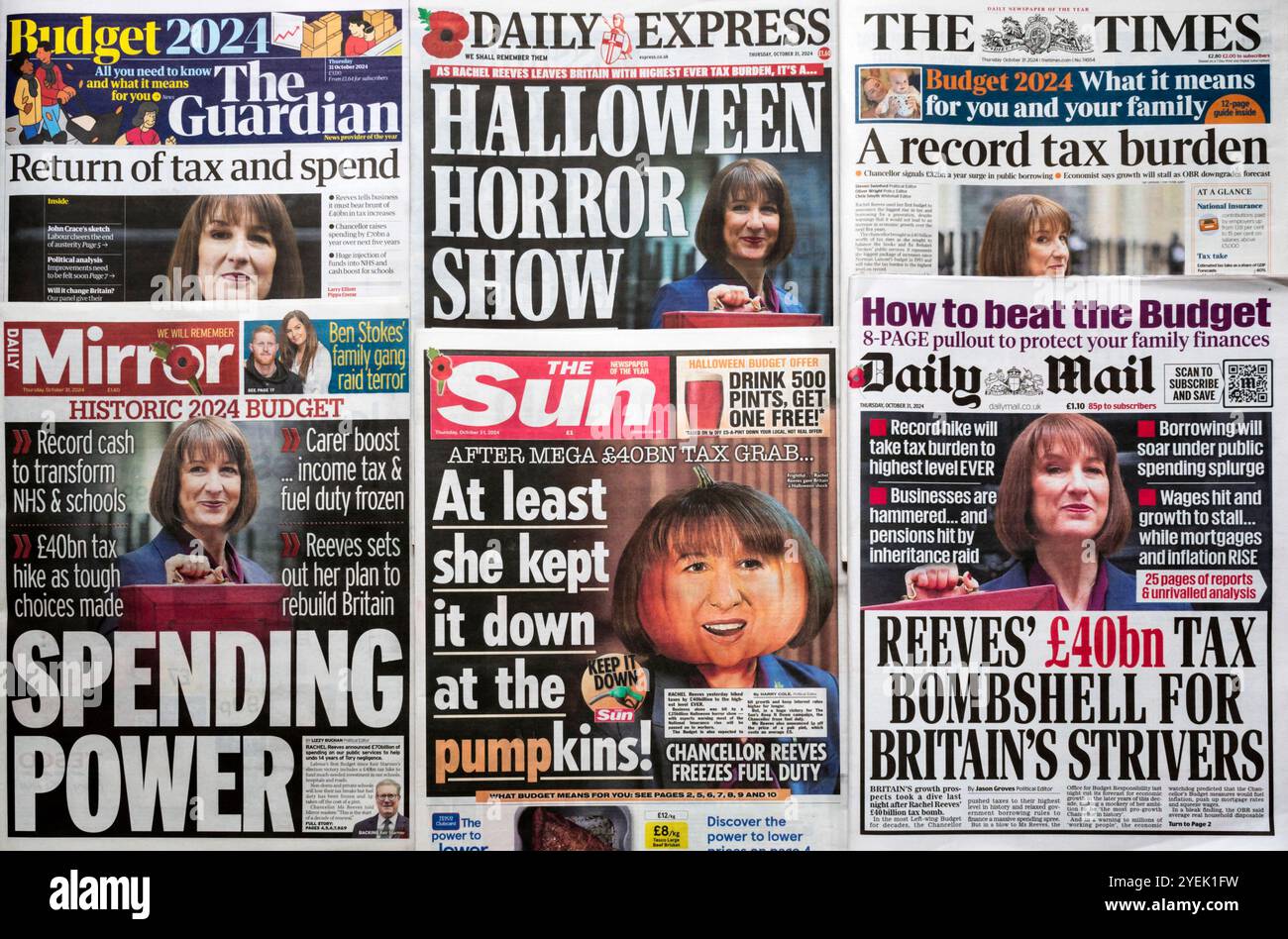 31 ottobre 2024. Una selezione di titoli di prima pagina dei giornali che seguono il primo bilancio del governo laburista, e Cancelliere dello Scacchiere, Rachel Reeves. Foto Stock
