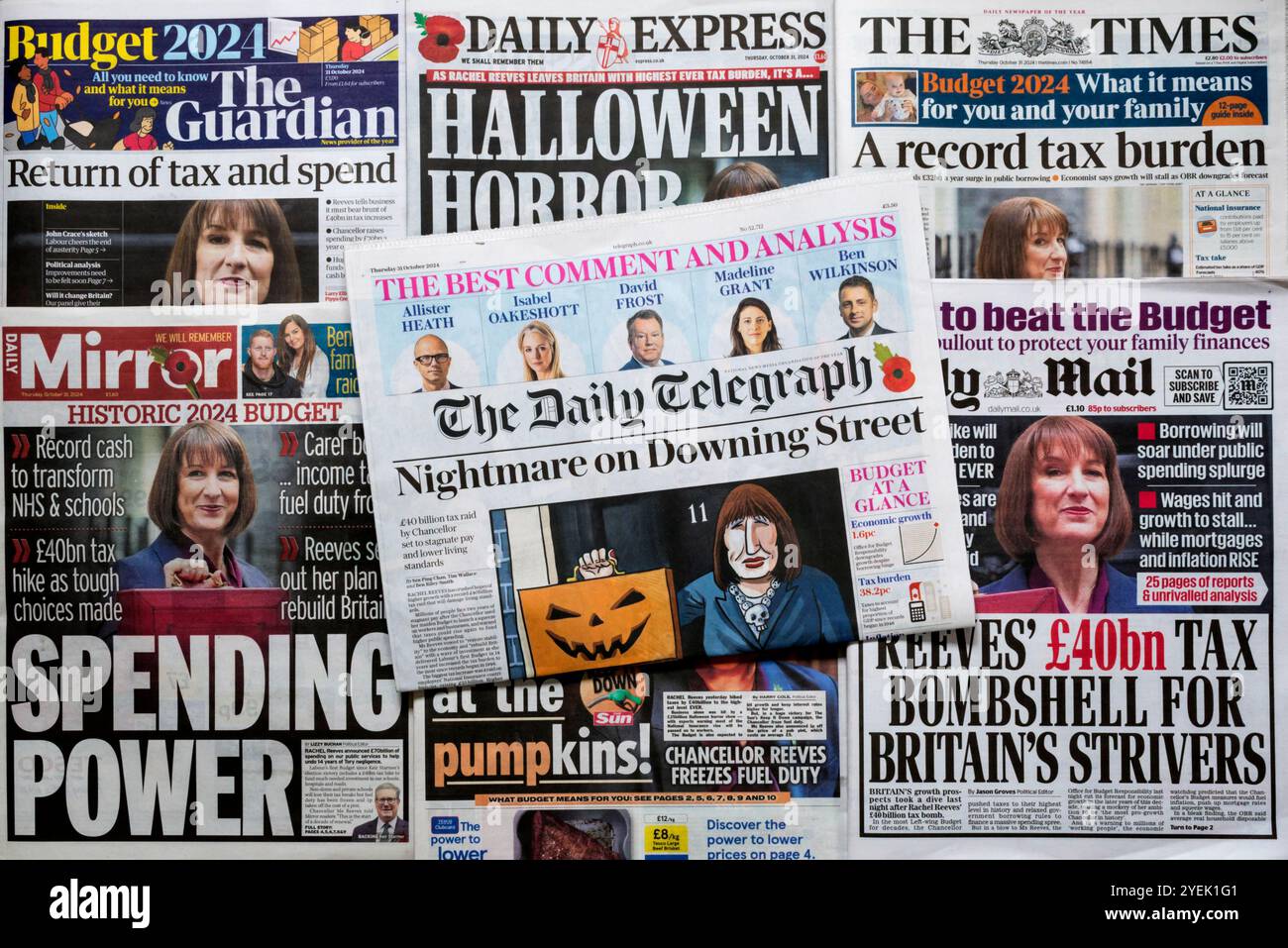 31 ottobre 2024. Una selezione di titoli di prima pagina dei giornali che seguono il primo bilancio del governo laburista, e Cancelliere dello Scacchiere, Rachel Reeves. Foto Stock