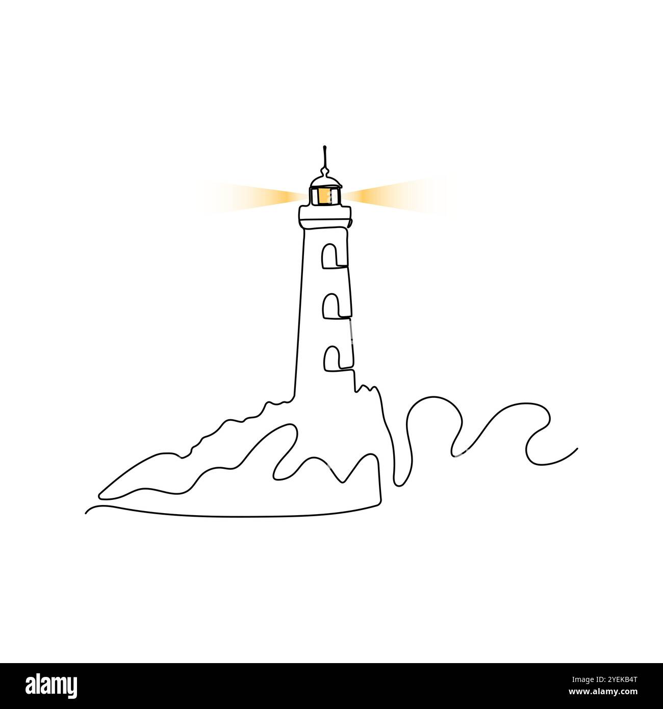 Faro nel mare tempestoso. Beacon in stile disegno a linea continua. Illustrazione Vettoriale