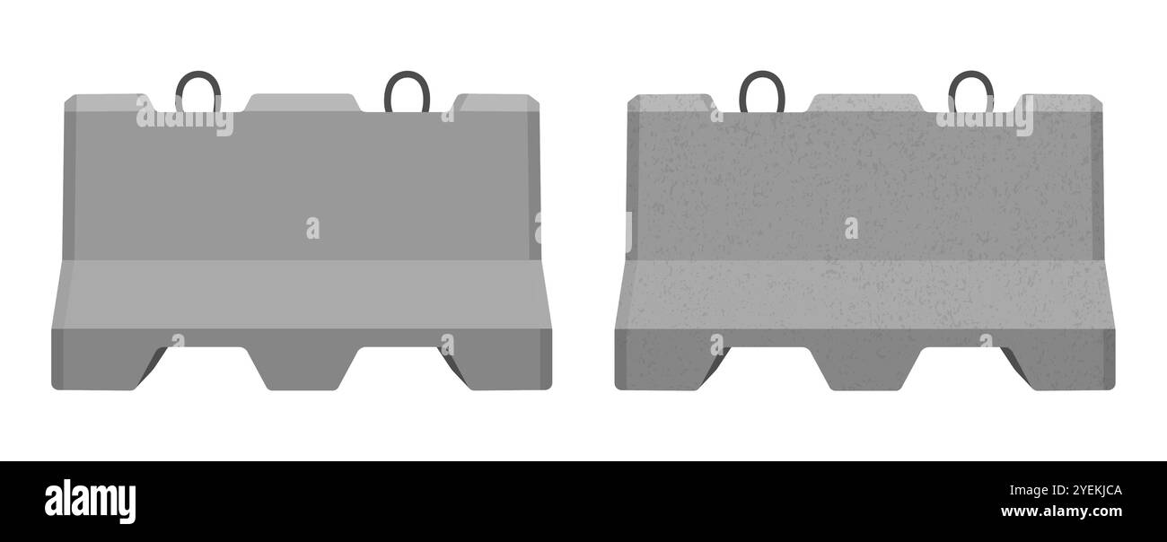Set di simboli realistici della barriera stradale in calcestruzzo. Cartello grigio vuoto per barricate in calcestruzzo del traffico. raccolta. Immagine di illustrazione vettoriale. Isolato su Illustrazione Vettoriale