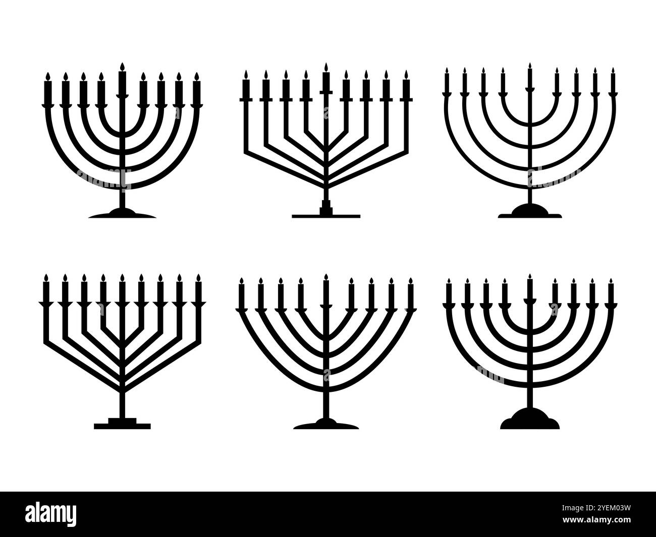 Happy Hanukkah, icone della menorah isolate su sfondo bianco. Menorah con nove candele è un simbolo della festa ebraica. Candele accese. Design per h Illustrazione Vettoriale