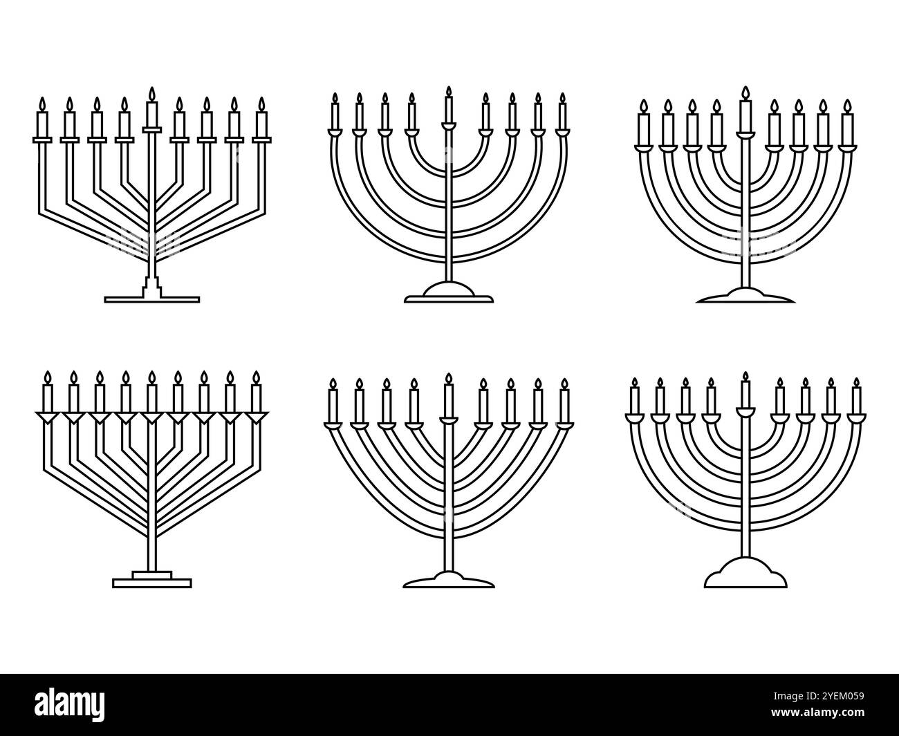 Happy Hanukkah, icone della menorah isolate su sfondo bianco. Menorah con nove candele è un simbolo della festa ebraica. Candele accese. Design per h Illustrazione Vettoriale