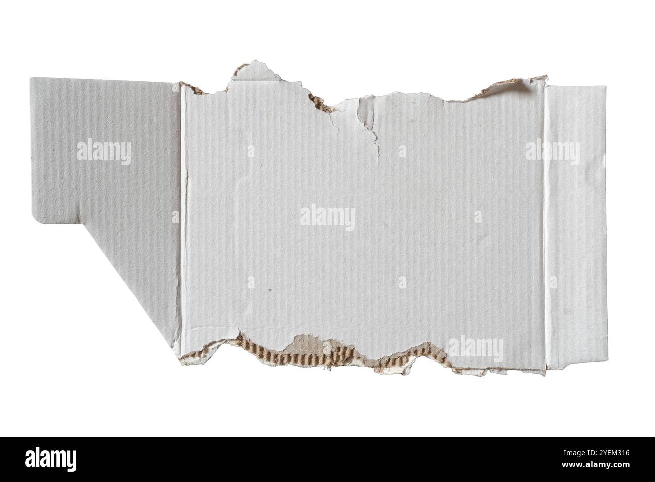 Confezione di cartone bianca strappata su sfondo bianco con percorso di ritaglio Foto Stock