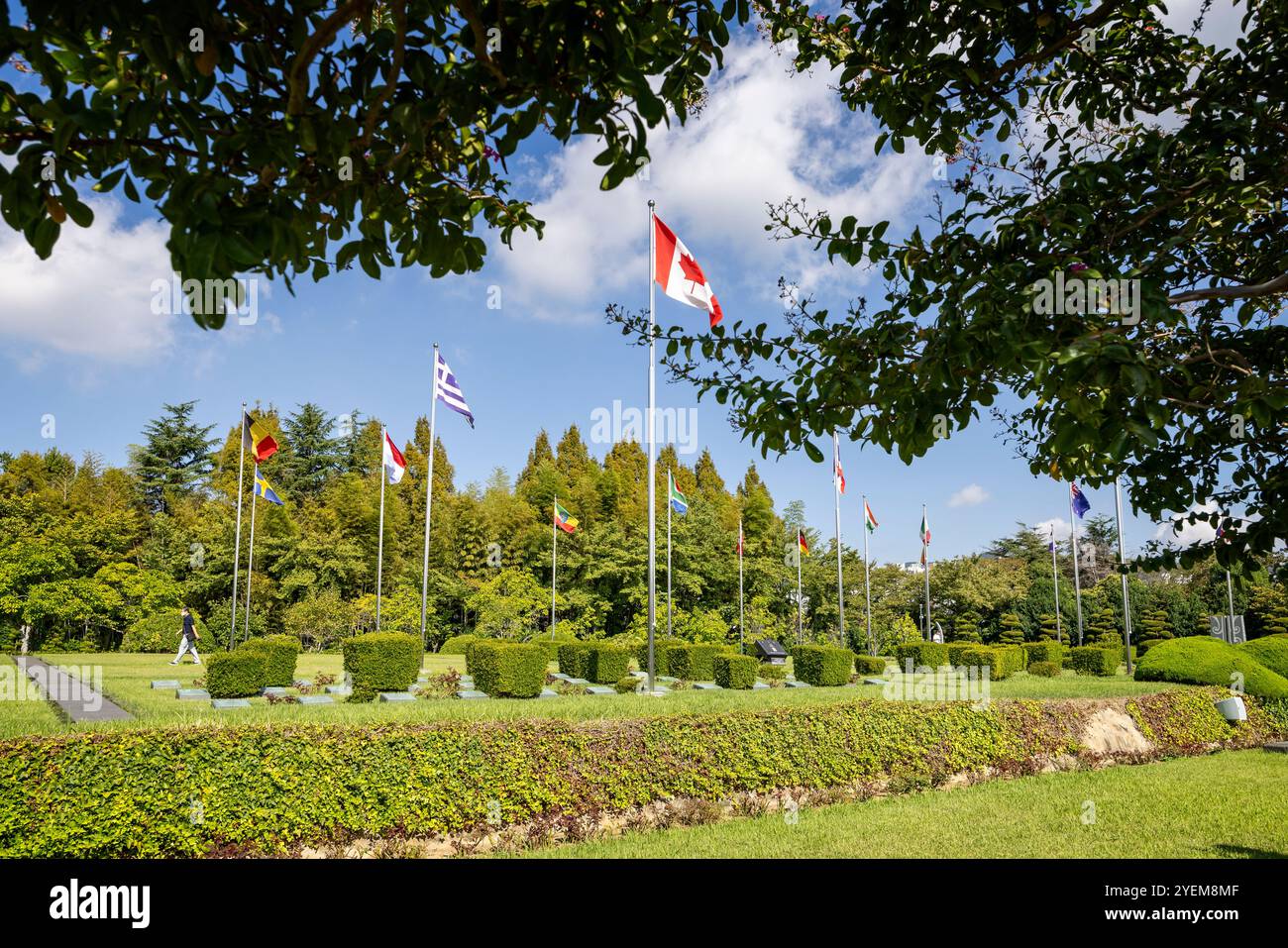 Pali di bandiera presso il cimitero commemorativo delle Nazioni Unite a Busan, Corea, su 1 Ocotber 2024 Foto Stock