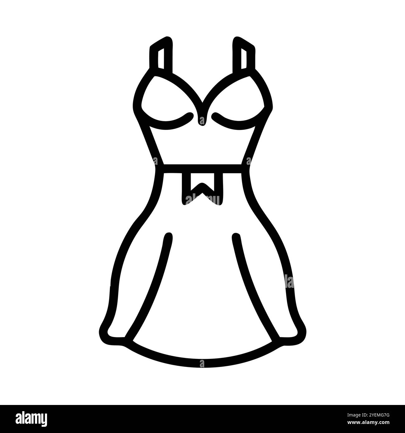 Icona del contorno del vestito semplice in nero - icona del contorno nero di un abito semplice, con un design senza maniche e una gonna svasata. Ideale per la moda e la vendita al dettaglio. Illustrazione Vettoriale