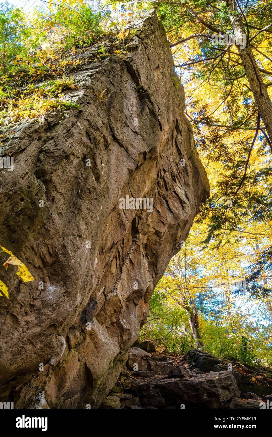 Masso gigante pendente lungo il percorso escursionistico nella riserva naturale di Niagara Glen, Niagara Falls City, Ontario, Canada Foto Stock