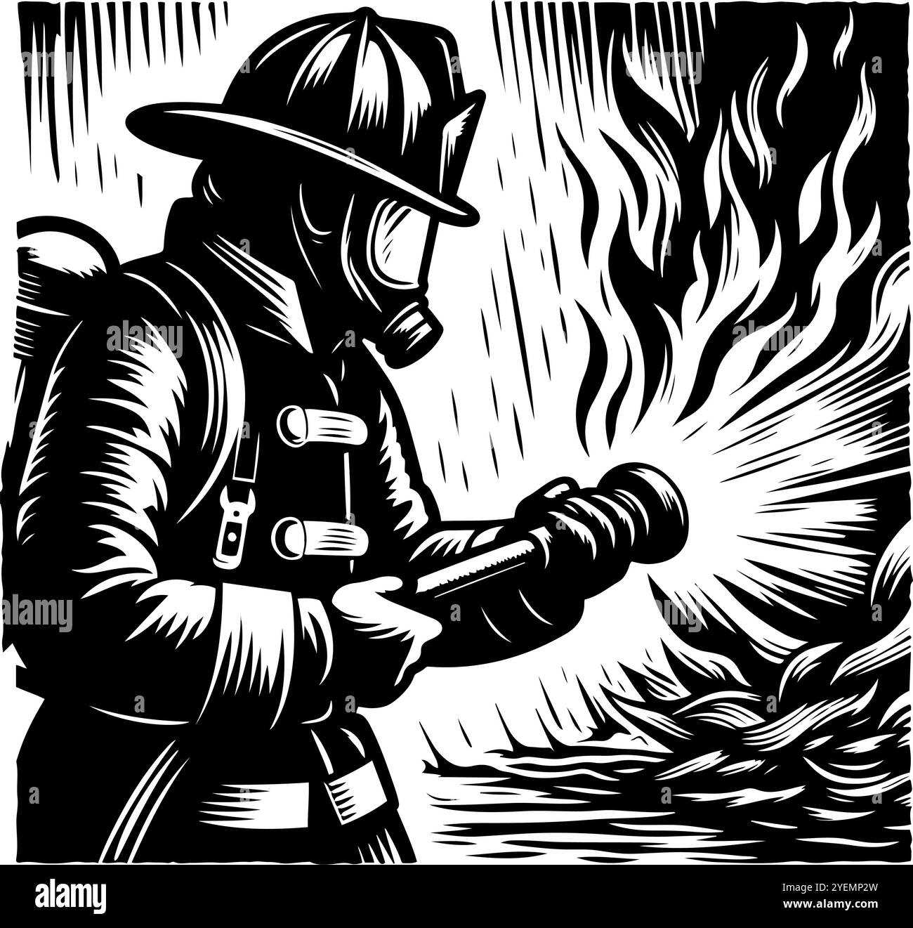 Firefighter in Action, combattendo le fiamme in un lavoro pericoloso, è raffigurato in questa illustrazione vettoriale stilizzata come linocut Illustrazione Vettoriale