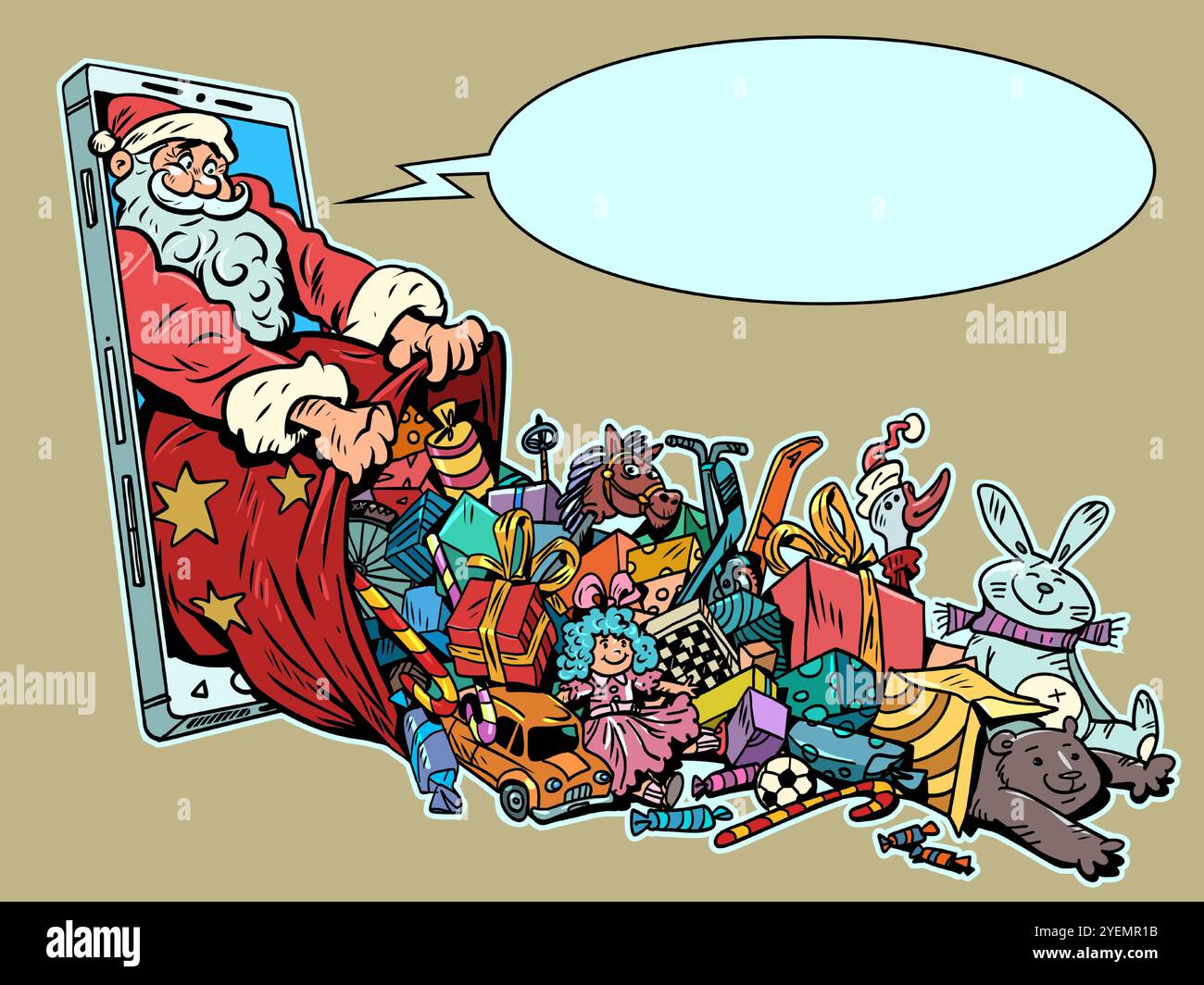 Babbo Natale dà giocattoli dal telefono. Ordina online i regali per il nuovo anno e il Natale. Offerte Marketplace per le prossime vacanze invernali. CA. Fumetto Illustrazione Vettoriale