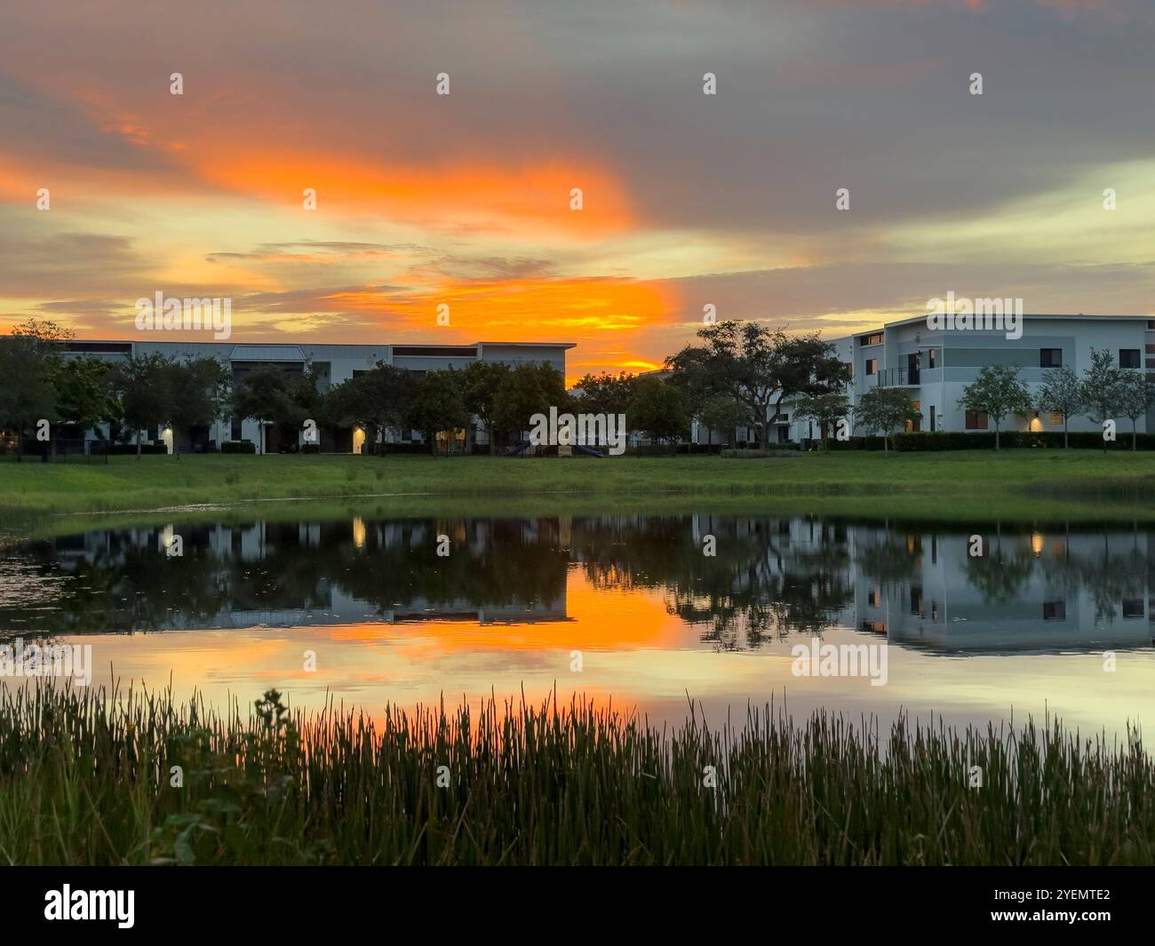 Il sole tramonta dietro gli edifici della comunità che si riflettono su uno stagno, Plantation, Florida, Stati Uniti - Immagine stock catturata con smartphone