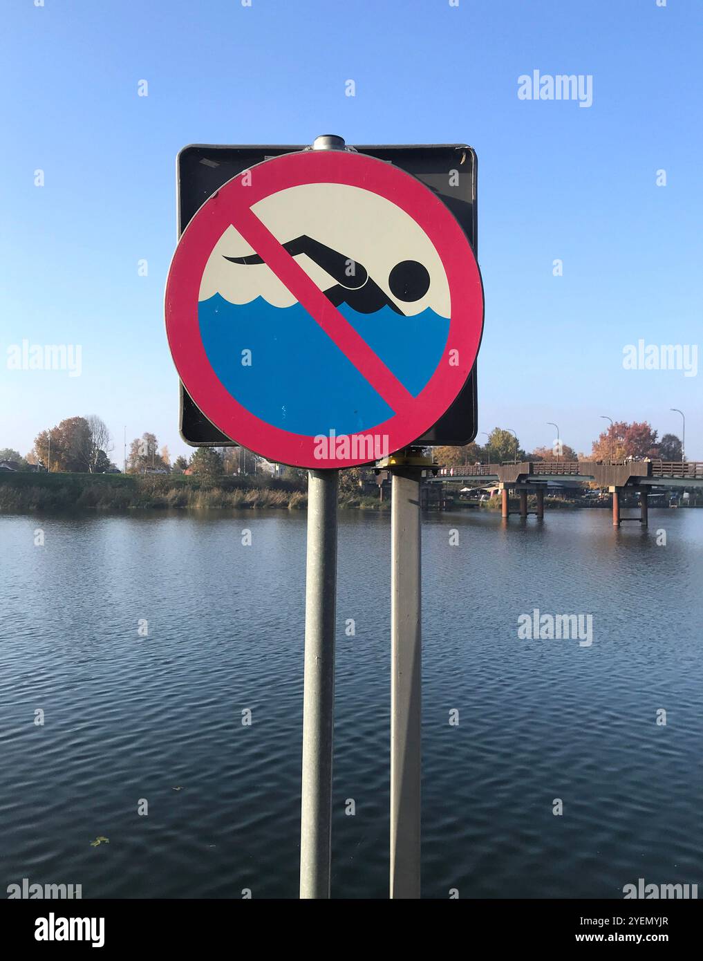 Niente bagni, niente nuoto - un cartello di divieto eretto sulla riva del fiume Nogat. Foto Stock