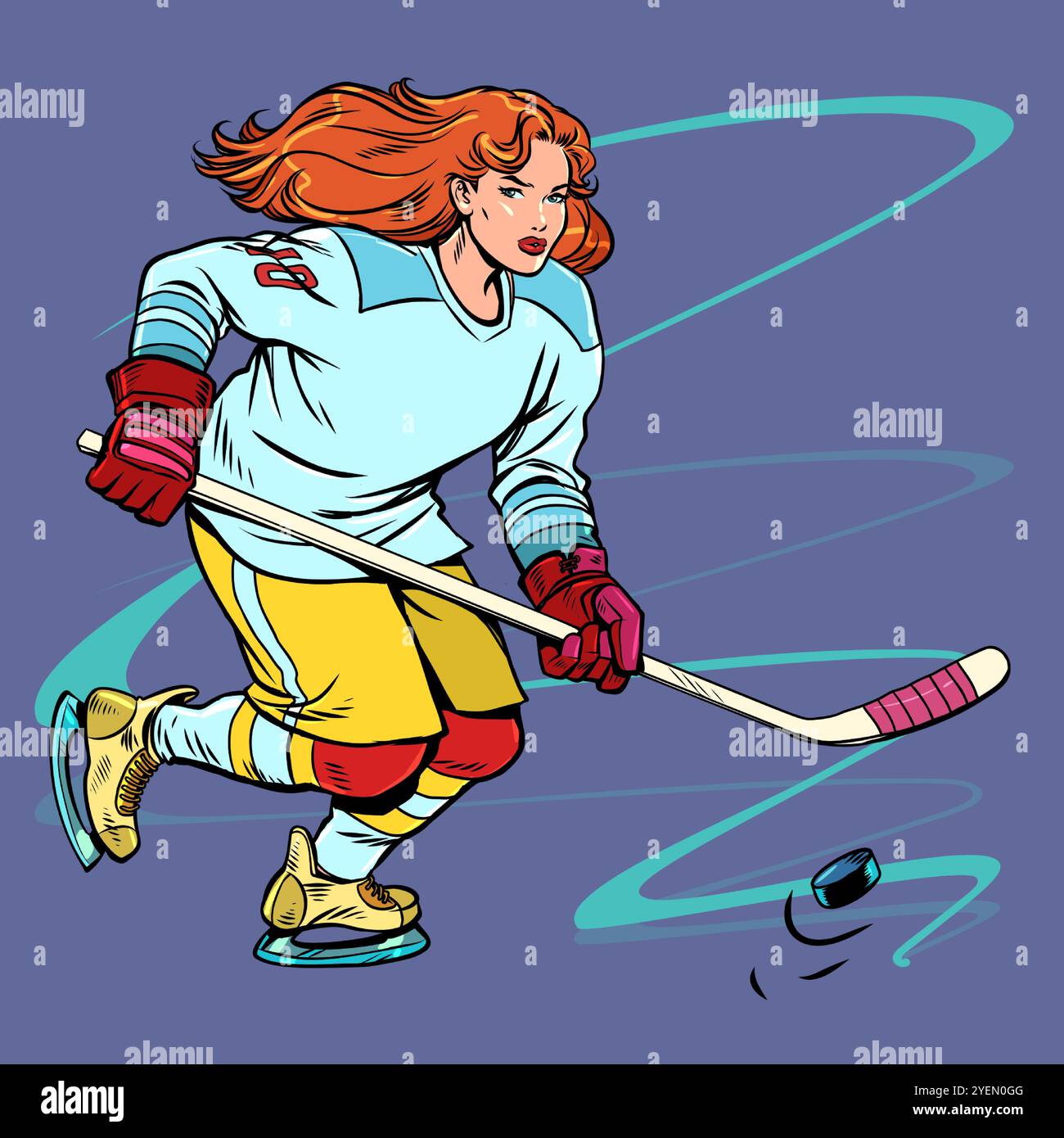 Donna sportiva che gioca a hockey su ghiaccio. Competizioni sportive e campioni in inverno. Vendita di attrezzature per Capodanno e Natale per pattinaggio su ghiaccio. RET. Pop Art Illustrazione Vettoriale