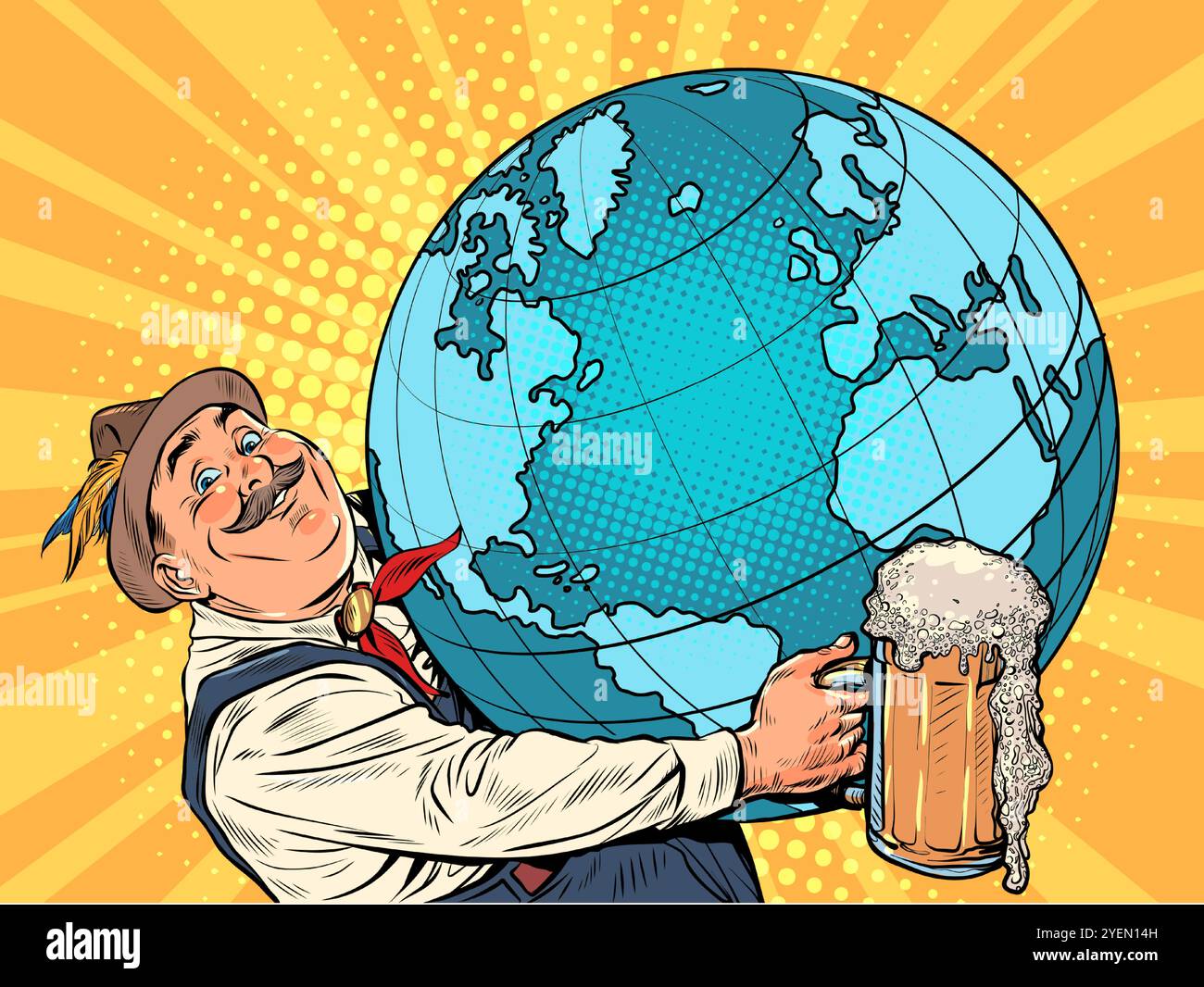Prodotti alcolici in tutto il mondo. L'uomo tiene il pianeta con la birra. Festa dell'ottobre per tutti gli ospiti. Pop Art retro Vector Illustration Kitsch vi Illustrazione Vettoriale