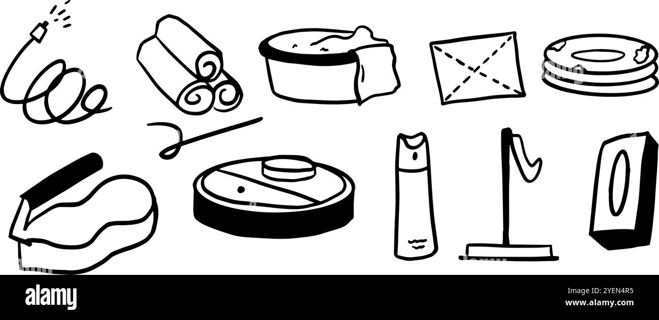 Illustrazione del set di strumenti per la pulizia | vettore Doodle minimalista per progetti domestici e igienici - progetti di organizzazione domestica, branding a tema igienico o pulizia Illustrazione Vettoriale
