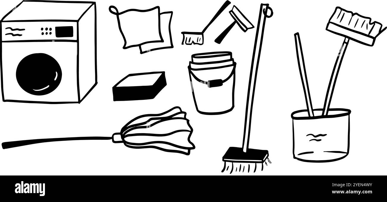 Illustrazione del set di strumenti per la pulizia | vettore Doodle minimalista per progetti domestici e igienici - progetti di organizzazione domestica, branding a tema igienico o pulizia Illustrazione Vettoriale