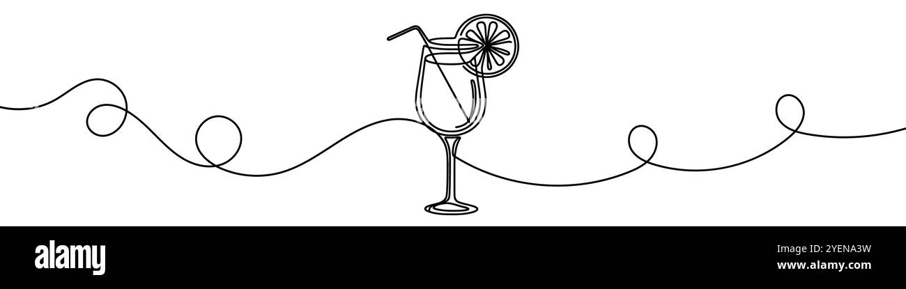 Illustrazione vettoriale minimalista di un bicchiere da cocktail con una fetta di limone, creato utilizzando una linea continua Illustrazione Vettoriale