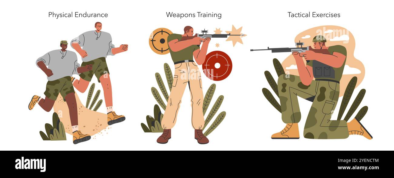 Set di addestramento militare. I soldati si impegnano in tattiche di fitness, tiro e combattimento. Preparazione fisica, tiro di precisione, manovre strategiche. Illustrazione vettoriale. Illustrazione Vettoriale
