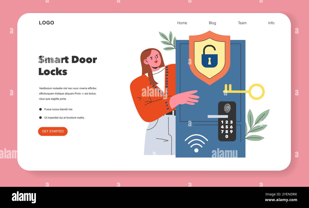 Concetto di casa intelligente. Perfetta integrazione della tecnologia per la sicurezza domestica con serrature intelligenti. Stile di vita moderno, accesso digitale e protezione della casa. Illustrazione vettoriale. Illustrazione Vettoriale
