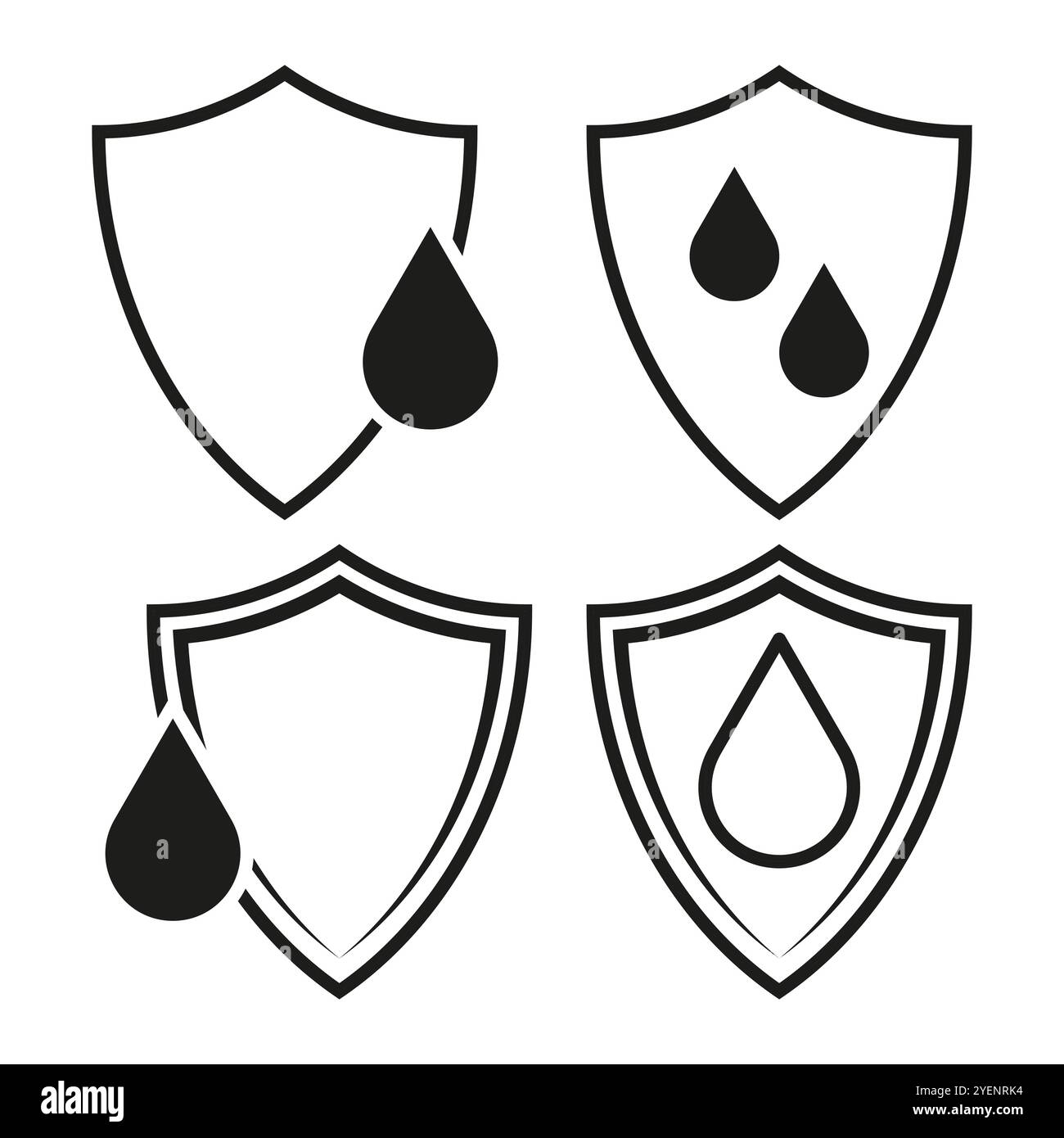 Quattro icone di scudo bianco e nero con gocce d'acqua, che simboleggiano la resistenza all'acqua e la protezione. Illustrazione Vettoriale