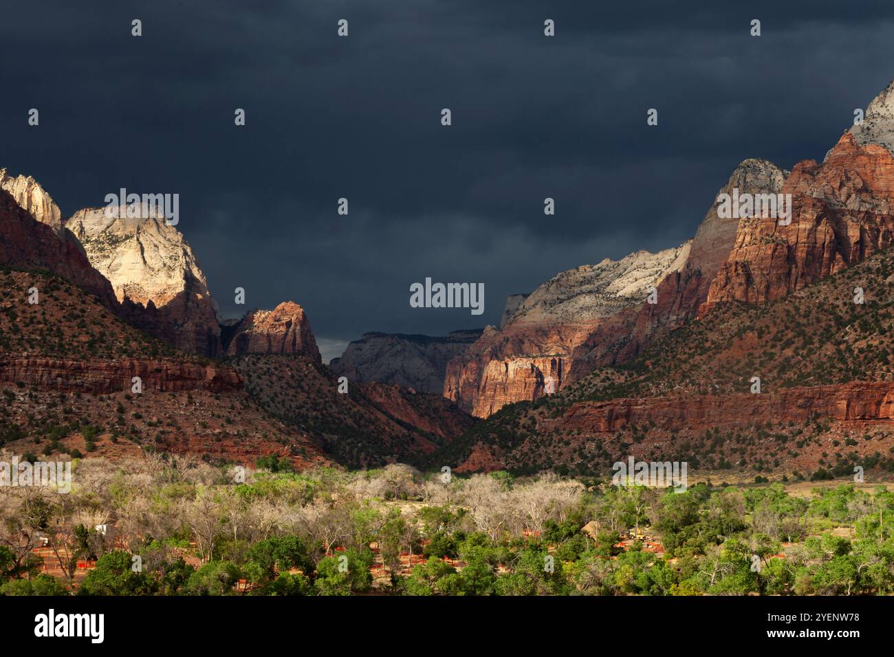 Il sole del tardo pomeriggio mette in risalto la Sentinel e altre vette sopra lo Zion Canyon nel Parco Nazionale di Zion Foto Stock